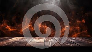 Empty Wooden table in front of a background of fire and smoke