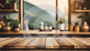 Empty wooden table in front of blurred background of kitchen. Image for display or montage products