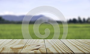 Empty wooden table in front with blurred of nature background