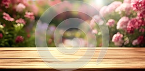 Empty wooden table in front of blurred spring or summer garden background. Banner for design.
