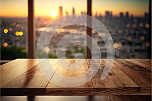 Empty wooden table in front of blurry background.