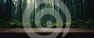 Empty wooden table in front of green forest background. Ready for product display montage