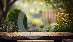 Empty wooden table in front of nature background. Ready for product display montage