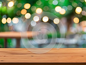 Empty wooden table with garden bokeh background with a country outdoor theme
