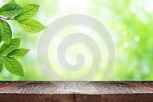 Empty wooden table and green leaves of plant over blurred nature background. Summer background with empty space for product