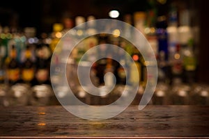 Empty wooden table in Irish pub and restaurant for present product.