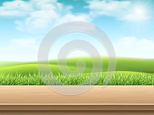 Empty wooden table on landscpe background. photo
