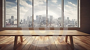Empty wooden table with large window view through cityscape background. Concept of building office or condominium