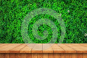 Empty wooden table and leaf wall backround