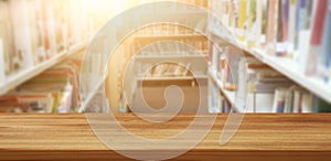 Empty wooden table in library. education and learning concept.