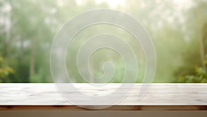 Empty wooden table in a misty forest blurred background for product display