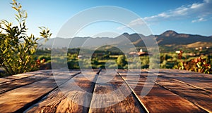 Empty wooden table montage with blurred forest and sunset sky background