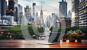Empty wooden table montage with laptop on wooden table with blur office building and cityscape in sunset background. Business and
