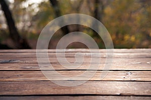 Empty wooden table nature bokeh background with a country outdoor theme,Template mock up for display of product