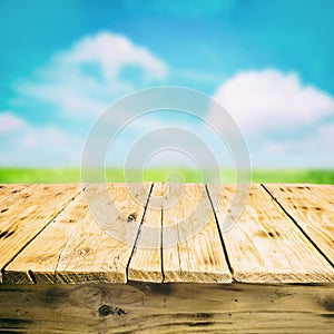 Empty wooden table outdoors, in the countryside