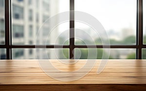 Empty wooden table over blur window and city view background, product display montage