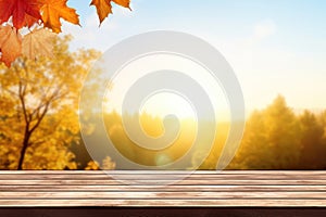 Empty wooden table over blurred autumn forest background. Ready for product display montage