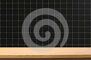 Empty wooden table over square ceramic tile background.