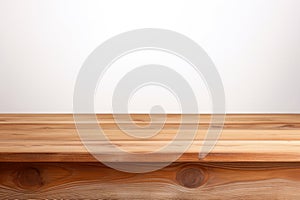 Empty wooden table over white wall background, product display montage.