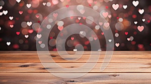 empty wooden table with pink and red hearts on the background