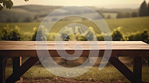 An empty wooden table for product display blurred french vineyard in the background