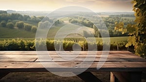 An empty wooden table for product display blurred french vineyard in the background