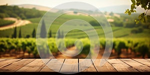 An empty wooden table for product display. blurred french vineyard in the background