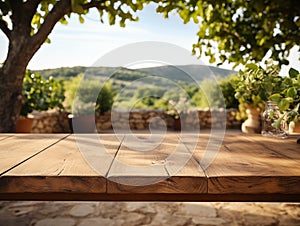 An empty wooden table for product display. Blurred french vineyard in the background. AI