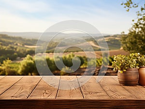 An empty wooden table for product display. Blurred french vineyard in the background. AI