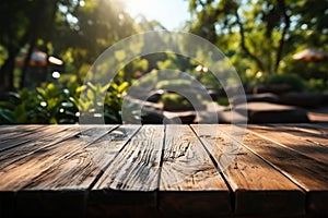 Empty wooden table for product display montages in the park with nature background