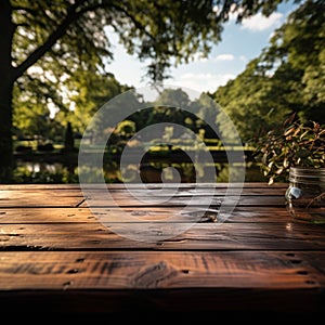 Empty wooden table for product display montages in the park with nature background