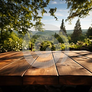 Empty wooden table for product display montages in the park with nature background