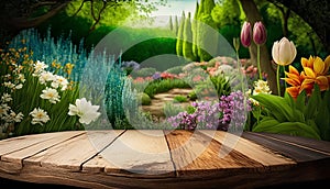 Empty wooden table for product display montages with spring flowers and garden background