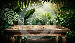 Empty wooden table for product display montages with tropical garden background.