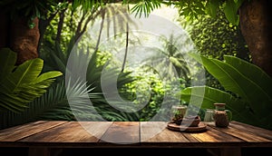 Empty wooden table for product display montages with tropical nature background.