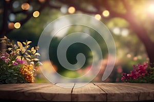 Empty wooden table for product placement with focus to the table top, blurred bokeh spring garden background, Generative AI