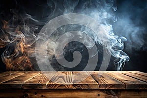 Empty Wooden Table with Rising Smoke