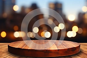 Empty wooden table with round podium on the blurred night city background. Promotion mockup. Stand for products