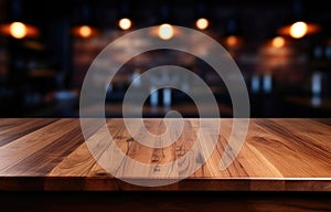 Empty wooden table rustic and blurred background of bar or pub. For product display