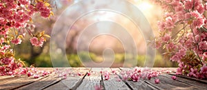 Empty wooden table with sakura and bokeh. Mock up, copy space. Generative AI