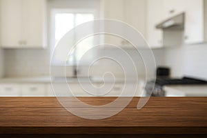 Empty Wooden Table with Softly Blurry Kitchen Background