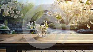 Empty wooden table with spring background. Wooden table terrace with Morning fresh atmosphere nature. Park with garden bokeh