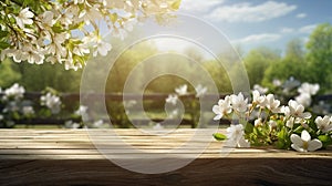 Empty wooden table with spring background. Wooden table terrace with Morning fresh atmosphere nature. Park with garden bokeh