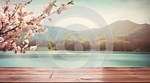 empty wooden table with spring cherry blossom decoration.