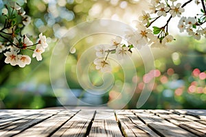 Empty wooden table in spring season with garden bokeh background . AI generated illustration