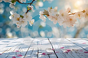 Empty wooden table in spring season with garden bokeh background . AI generated illustration