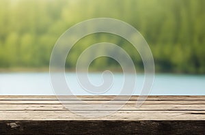 Empty Wooden Table with Summer Lakeside Forest Blur Background.