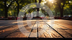 Empty wooden table in summer in the park. AI Generated.