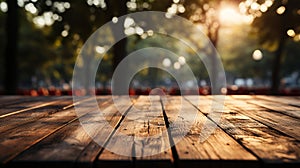 Empty wooden table in summer in the park. AI Generated.