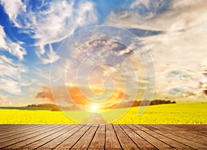 Empty wooden table in sunflower field with blue sky. the background for product display template